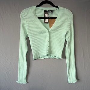 Vero Moda Womens Ribbed Knit  Cropped Cardigan Small Mint Preppy Lettuce Edge